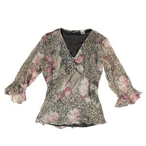 Vintage 90s Silk Blouse Leopard Print Floral Ruffle Y2K Fairy Whimsygoth Size S
